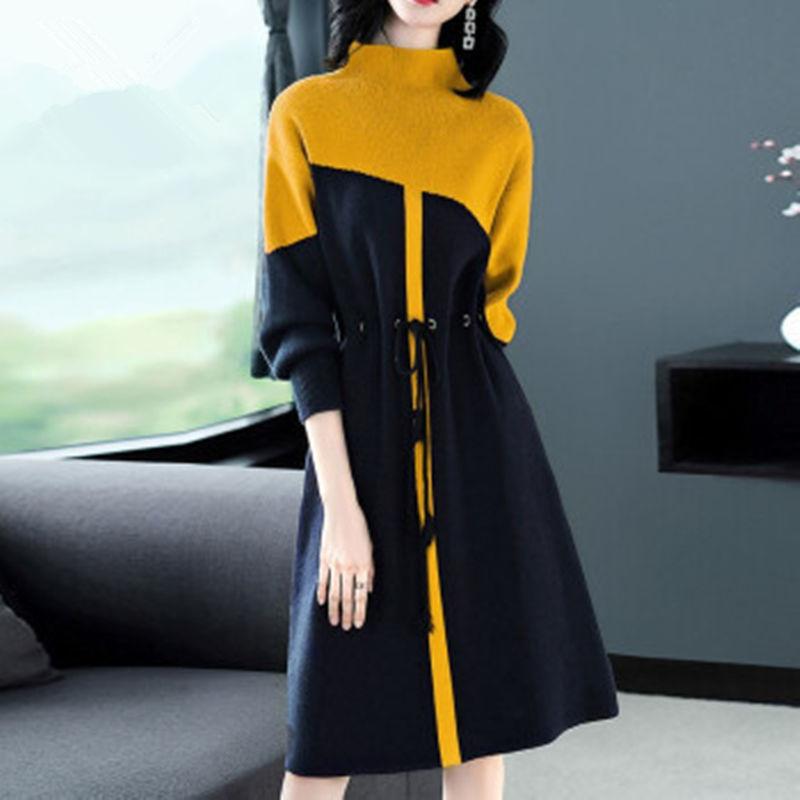Turtleneck Knitted Dress Women Over The Knee Autumn and Winter Plus Size Loose Mid-length Waist Long-sleeved Bottoming Sweater Dress