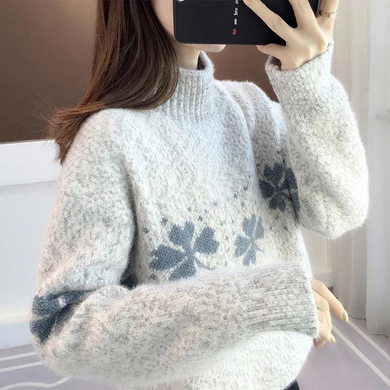 Autumn and Winter Women's Sweater Turtleneck Loose Thick Warm Pullover Korean Print Top