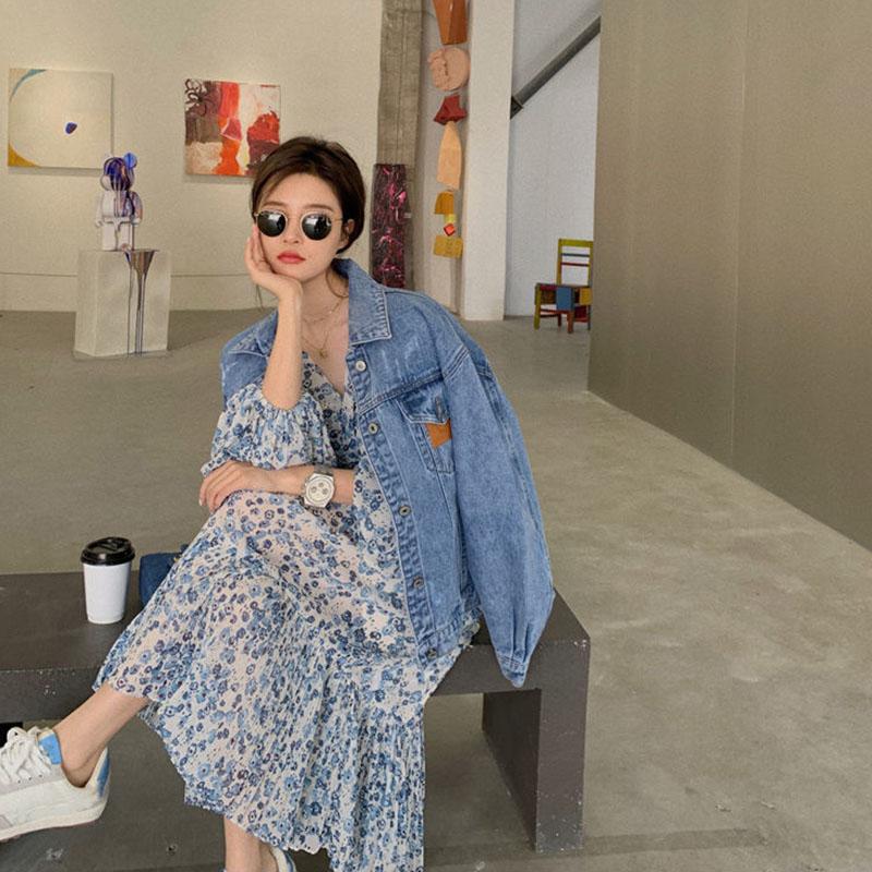 Chiffon Long Skirt Female Summer Holiday Style Retro Floral French Dress V-neck Spring Summer Casual Long Sleeves