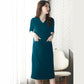 Ladies Dress Solid Color Five-quarter Sleeves Spring and Summer V-neck Large Pockets Pure Cotton Sweat-absorbing Soft and Comfortable