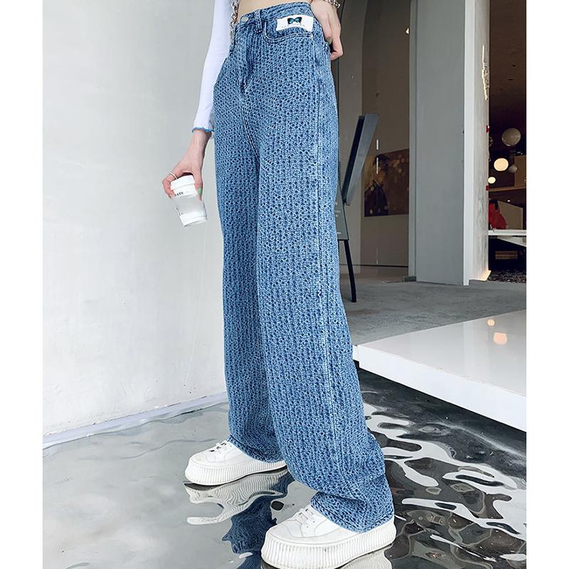 Spring  Autumn Plus Size Loose Woven Denim Wide-leg Trousers   Straight Thin High-waist Casual Mopping Pants Women