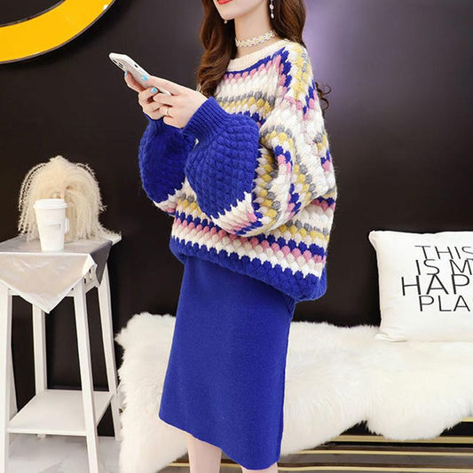 Two-piece Suit Sweet Temperament Loose Large Size Knitted Sweater + Skirt Warm Sweater Suit Women's Warm Spring and Autumn Clothing