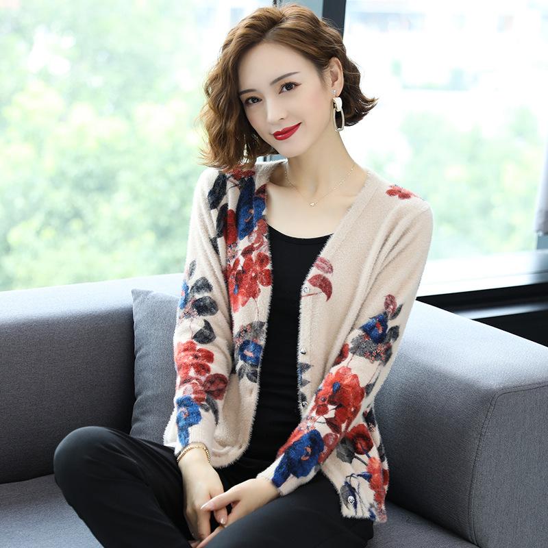 Autumn Winter Artificial Mink Cashmere Printed Knitted Cardigan Women's Short Sweater Coat Long-sleeved Loose Knitted Jacket