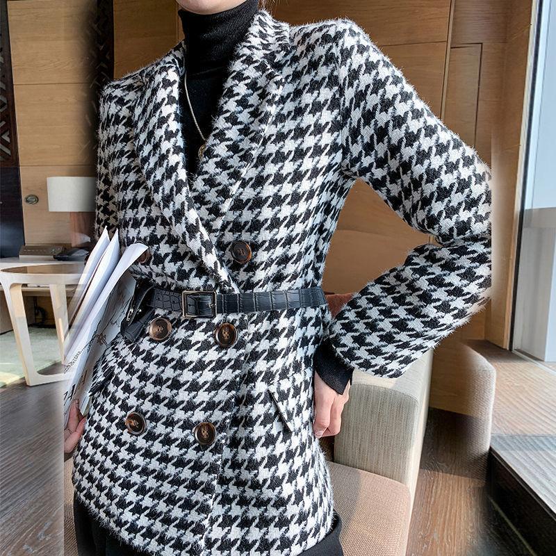Houndstooth Woolen Coat Thick Loose Autumn Winter Coat Women Thicken Slim Pea Coat