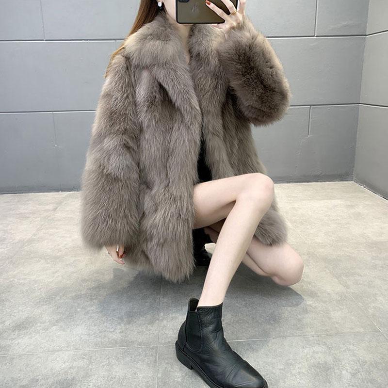 Winter Women's Coat with Imitation Fox Fur Haining Mid-length Fur Coat