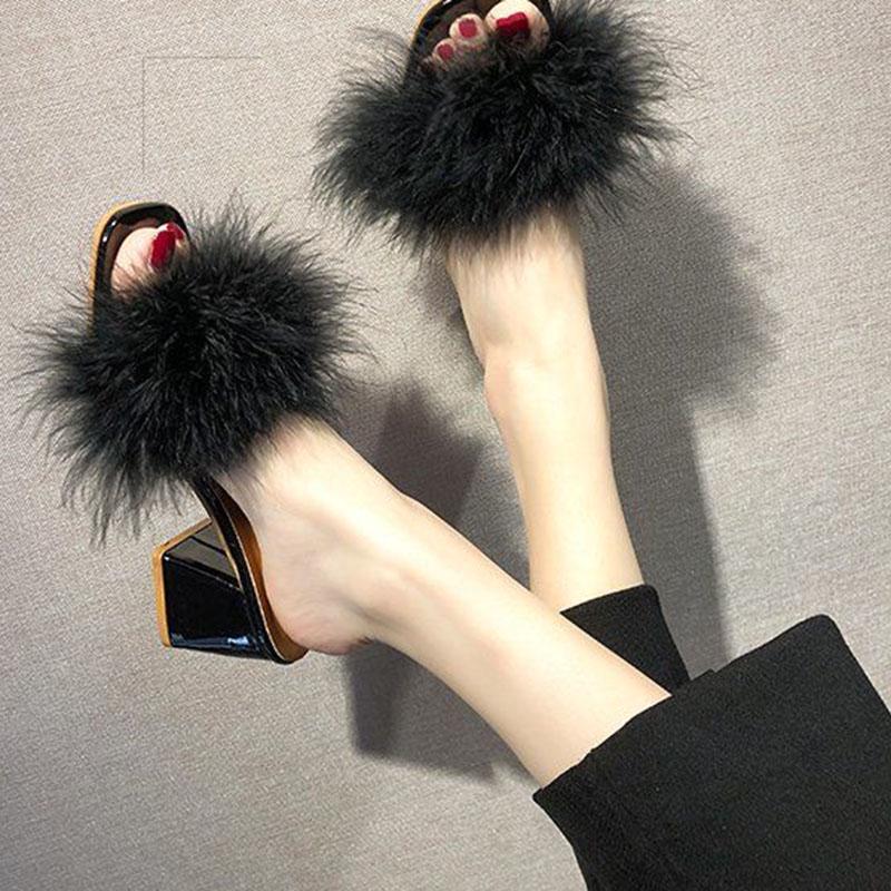 Fur Slippers Women Fluffy  Sandal Sliders Comfort Summer High -Heeled Open Toe  Sandal Slippers Sweet Ladies Block Heel Slippers Footwear