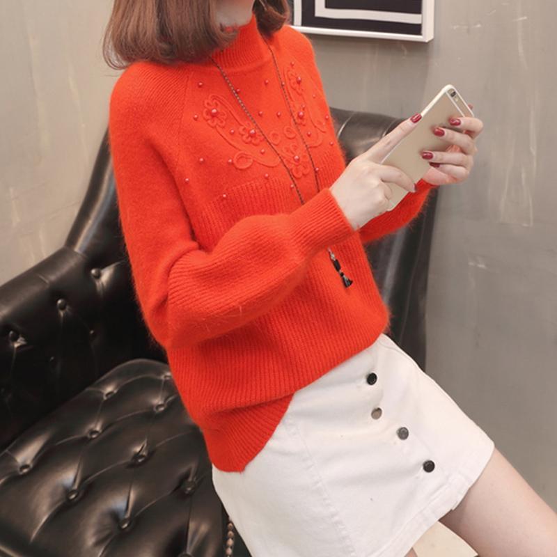Women Half Turtleneck Short Pearl Pullover Sweater Office Loose Thicken Bottoming Shirt