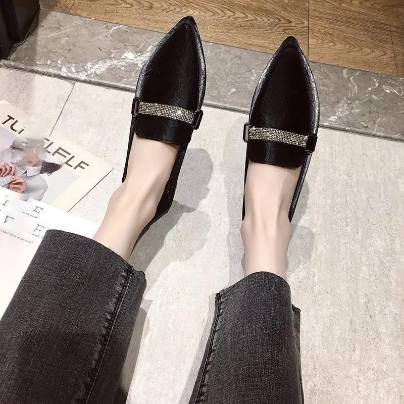 Pointed Shallow Mouth Rhinestone Belt Two Wear Single Shoes Women's Shoes Black Professional Work Shoes Low Heel Leather Shoes
