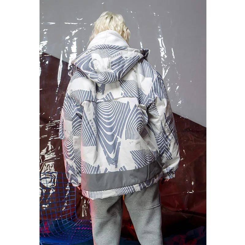 Winter Ladies Parka Coat Fashion Print Hooded Short Cotton Padded Parka Jacket