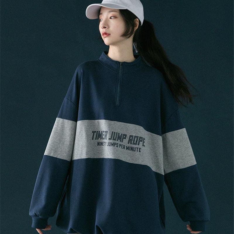 Half Zipper High Neck Sweater Women Autumn Vintage Sports Style Korean Loose Pullover Coat