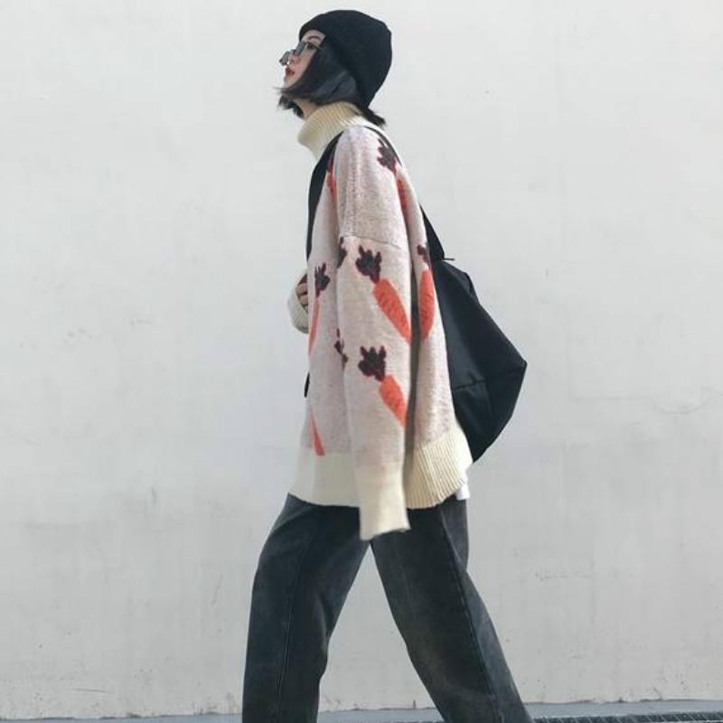 Pofulove Korean Turtleneck Color-matching Sweater Female Loose Pattern Wild Sweater Autumn Winter