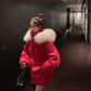 Western-style Age-reducing Big Fur Collar Cotton-padded Jacket Women Winter Sweet Waist Waist Mid-length Loose Waist Cotton-padded Jacket