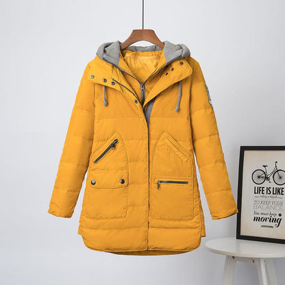 Mid-length White Duck Down Jacket Women Fashion Self-cultivation Knit Hat Fake Two-piece Winter Jacket