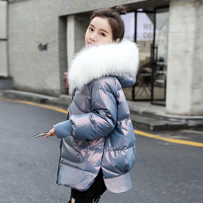 Ladies Winter Glossy Jacket Windproof and Waterproof Parka Hooded Big Fur Collar Coat Split Design Elastic Cuffs Large Size Loose Parka