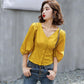 Women's Spring and Autumn Shirt V-neck Loose Solid Color Short Top