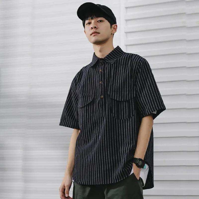 Summer Shirt Men's Short-sleeved Trend Retro Striped POLO Shirt Youth Loose Casual Jacket Top T-shirt