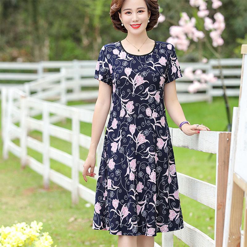 Floral Holiday Style Middle-aged and Elderly Plus Size Women's Dress Short-sleeved Mother Dress Long Skirt Slim Skirt