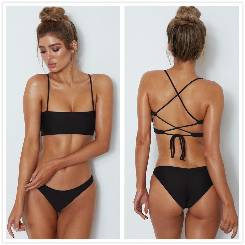 WTEMPO Solid Color Bikini Ladies Cross Bandage Swimsuit with Chest Pad Sexy Bandeau High Quality