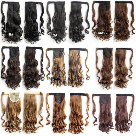 24" Long Wavy Wrap Around Clip In Ponytail Hair Extension Synthetic Natural Wave Pony Tail Fake Hair