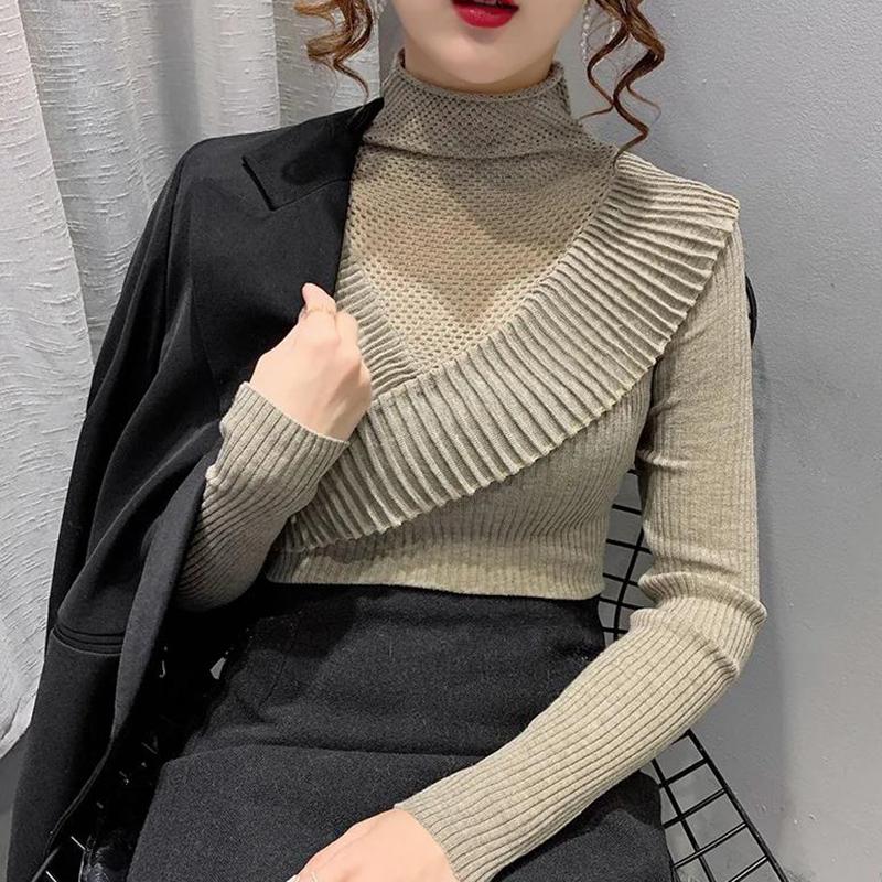 Ruffled Half Turtleneck Sweater Women  Autumn  Winter Wear Lace Style Self-cultivation Hollow Knit Bottoming Shirt Top