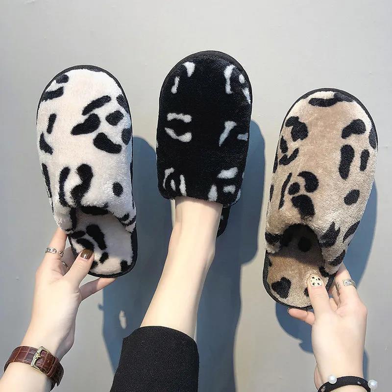 Autumn and Winter Cotton Slippers Cute Furry Cotton Slippers Leopard Print Cotton Slippers Women