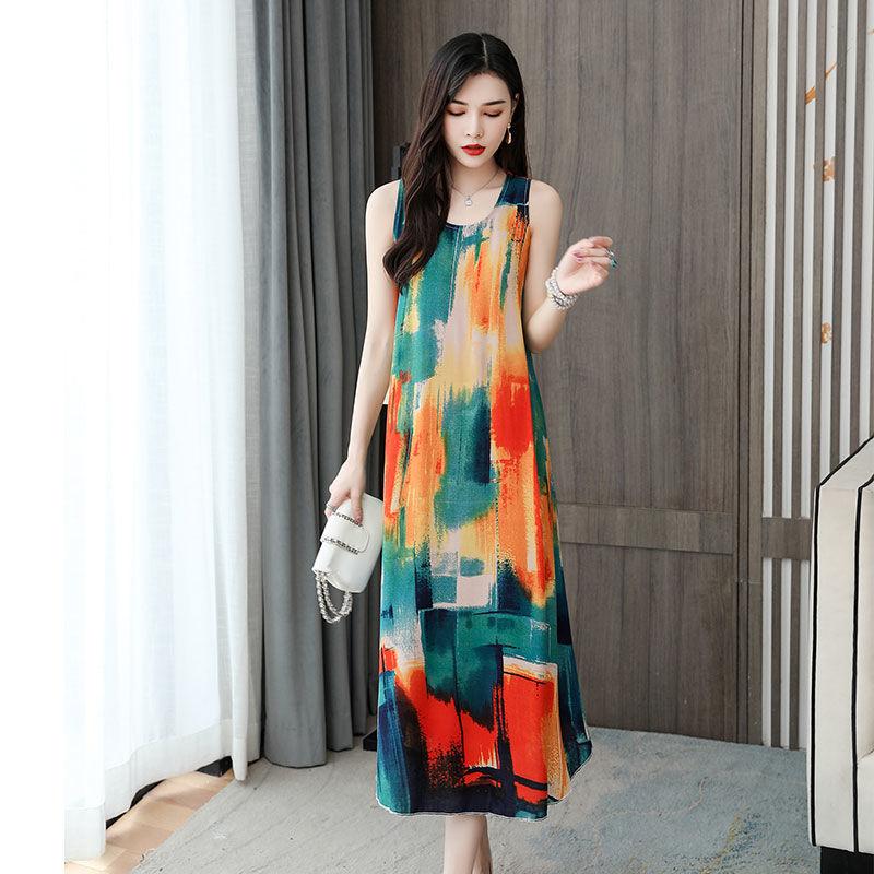 Sleeveless Cotton and Linen Dress Summer Vest Long Loose Large Size Thin Floral A-line Version Long Skirt Round Neck Sleeveless Ladies Dress