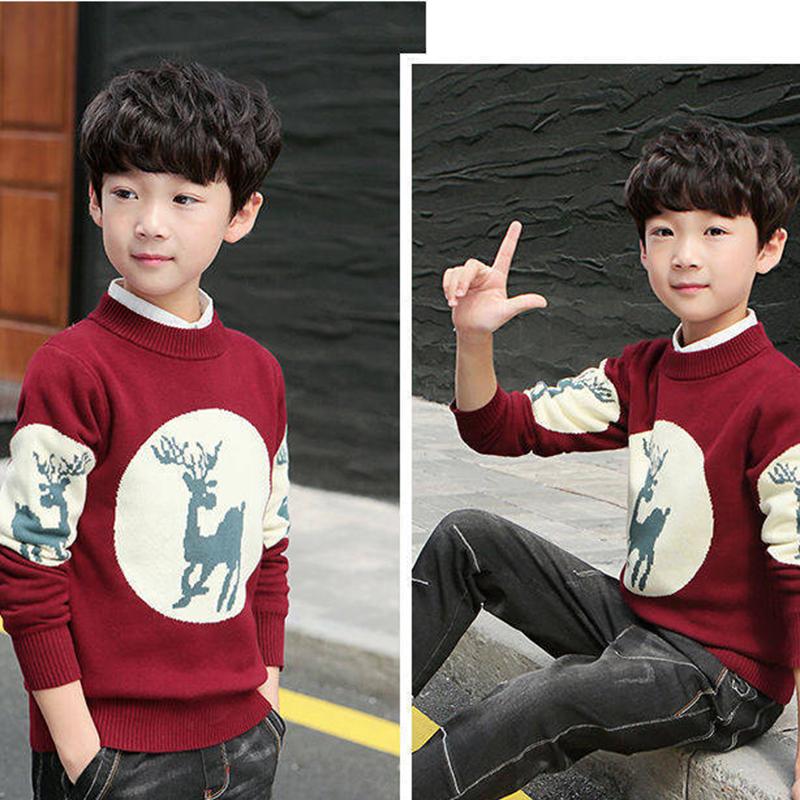 Boys Sweater Pullover Fall Winter Round Neck Sweater Middle and Large Children's Cotton Base Warm Sweater
