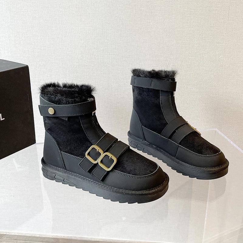 Women Fur Boots Punk Shoes Wool Warm Snow Boots Black Ankle Booties Plush Winter Flat Shoes Female Fashion Boots
