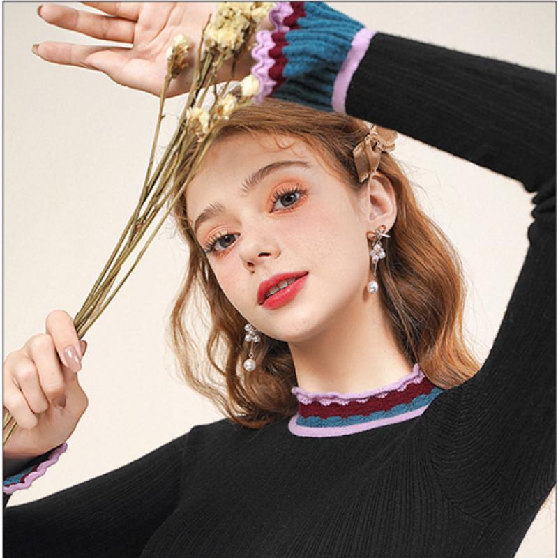 Hit Color Ruffled Pullover Sweater Women's Long-sleeved Slim Bottoming Shirt Autumn Winter