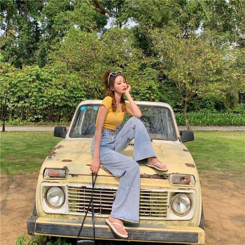 WTEMPO Retro Hollow High Waist Spring Mop Jeans Women Loose Thin Skinny Wide Leg Pants Wild Long Pants