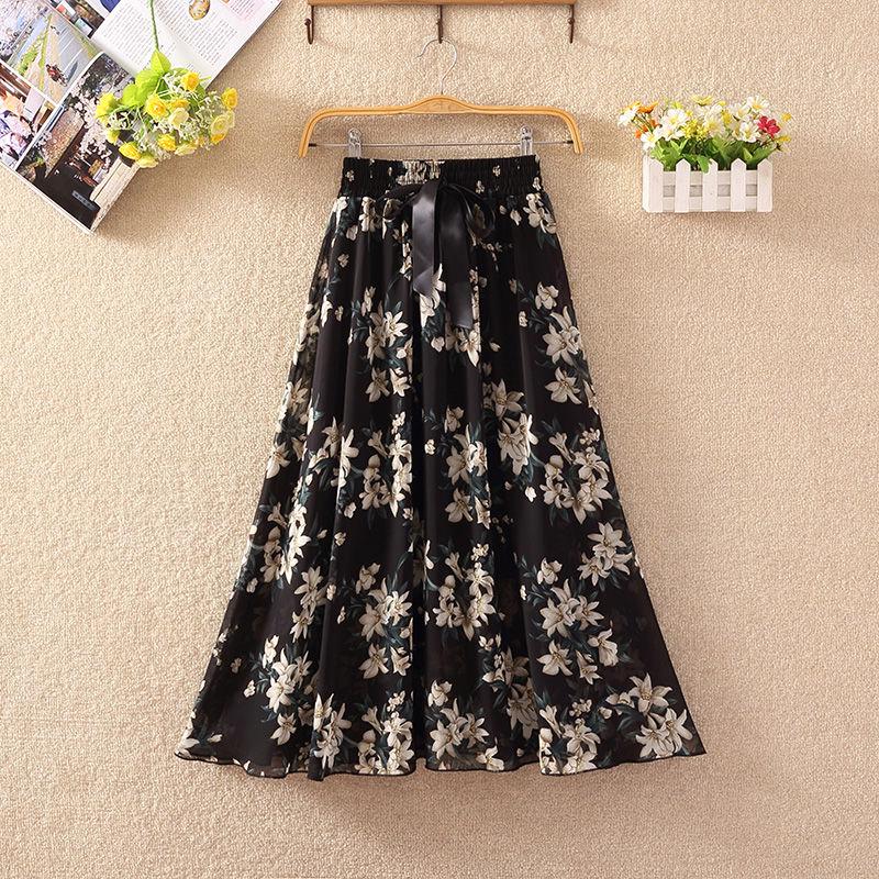 Summer High Waist Chiffon Women Midi Skirts Casual Floral Print Female Skirt Maxi Beach Skirt