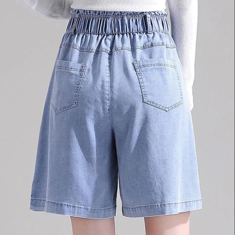 Tencel Denim Shorts Female Summer A-line High Waist Loose Ice Silk Straight Pants Wide-leg Five-point Pants