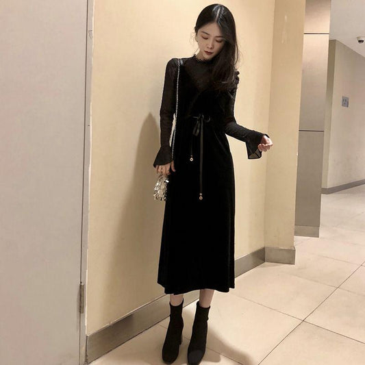 Fashion black lace lace dress Slim lace suspender dress female plus size long sleeve dress woman