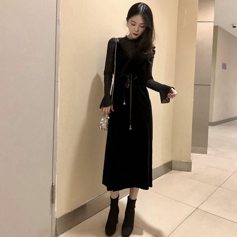 Fashion black lace lace dress Slim lace suspender dress female plus size long sleeve dress woman