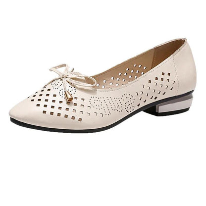 Women's Shoes Spring Flat Hollow Pumps Soft Leather Shoes Bow Low Heel Soft Sole