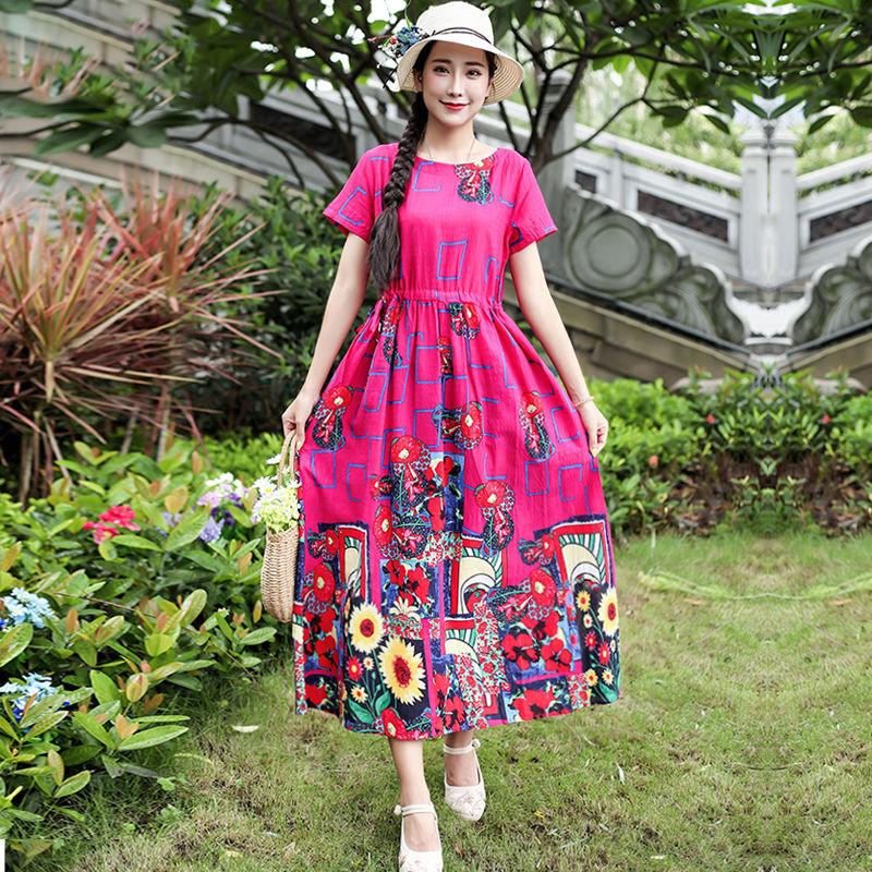 Women Ethnic Style Printed Dress Summer Loose Large Size Short-sleeved Literary Retro Waist Long Skirt