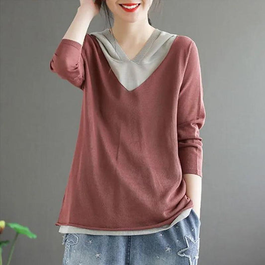 Literary Retro Fake Two-piece T-shirt Women's Loose and Thin Hooded Top Knitted Sweater Spring