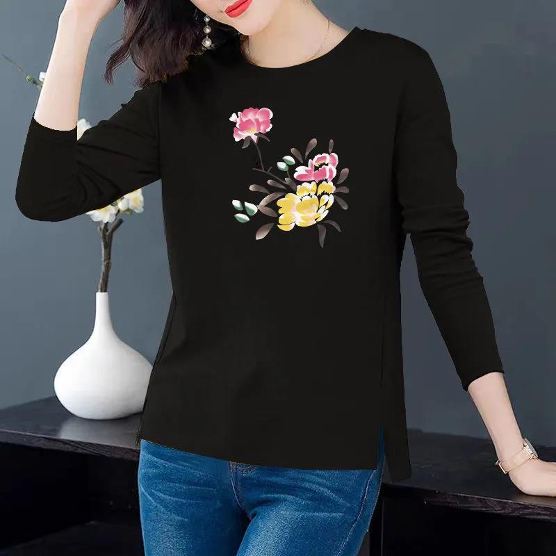 Women Cotton T-shirt Casual Slit Top Peony Print Pullover Long Sleeve Bottoming Shirt Spring