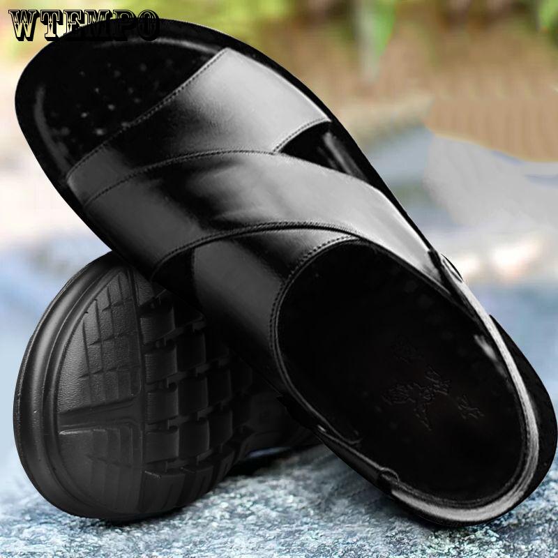 Leather Sandals Fashion Men Clip Toe Casual Shoes Beach Slip On Flat Slippers