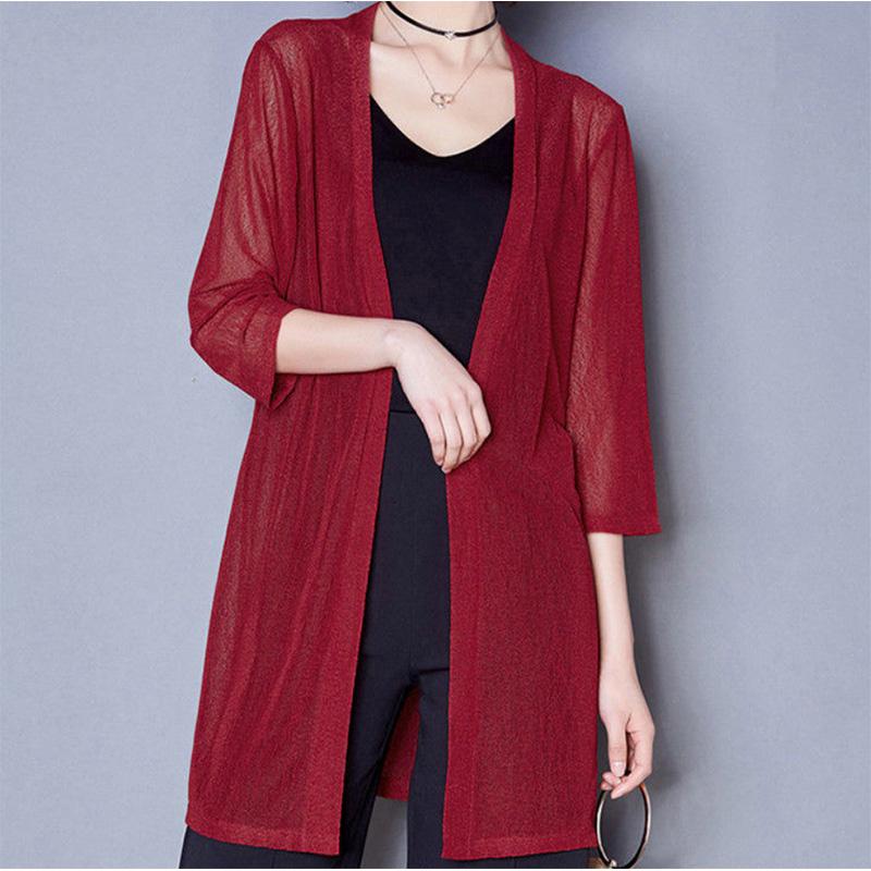 Shawl Coat Women's Sun Protection Coat Mid-length Cardigan with Large Size Loose Knitted Thin Mesh Gauze