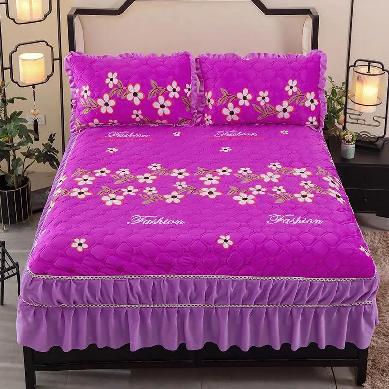 Winter Crystal Velvet Bedspread Double-layer Thick Quilted Printing Thick Velvet Mattress Cover Sheet Non-slip Protective Cover