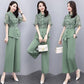 Suit Women's Temperament Is Thin Ladies Stand-up Collar Shirt Wide-leg Pants Two-piece Chiffon Suit Elegant Temperament Work Wearable