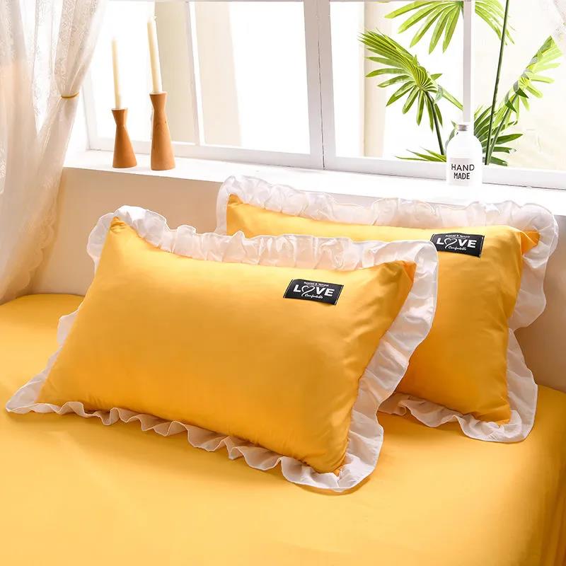 Korean Version of Solid Color Washed Cotton Pillowcase Stitching Lotus Leaf Lace Pillowcase 48*74cm A Pair of Large Pillowcases