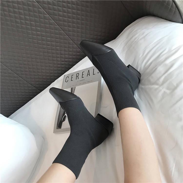 Celebrity Style Martin Boots Female Pointed Thick with Flying Woven Socks Boots