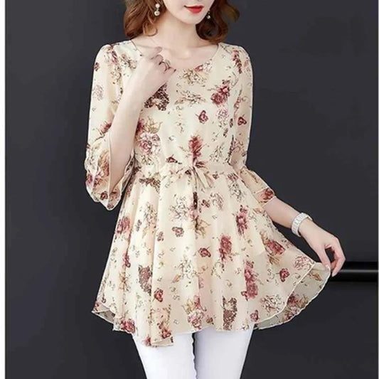 Women's Summer Half Sleeve Chiffon Shirt Printed Loose Large Size Top Mid Length