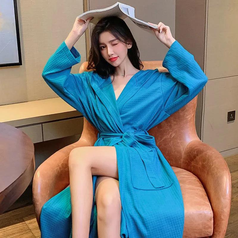 Pajama Party Bathrobe Female Long-sleeved Nightgown Female Spring and Autumn Pure Cotton Ladies Hotel Pajamas Bathrobe Robe Home Service