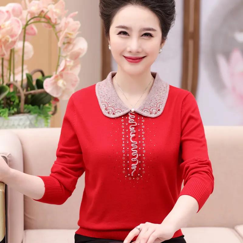 Women's Woolen Sweater Solid Color Sticky Diamond Long-sleeved Sweater Lapel Loose Plus Size Top M-5XL