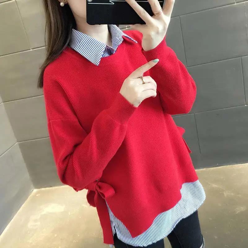 One-piece Round Neck Sweater Lace-up Sweater Spring and Autumn Loose Bottoming Sweater Ladies Top Solid Color Wild Sweater