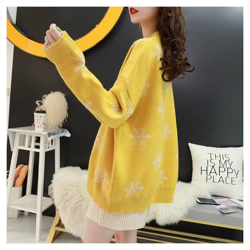 Pofulove Mid-length Cute Sweet Snowflake Polka Dot Sweater Solid Loose Round Neck Pullover