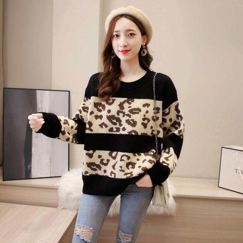 Leopard Print Casual Round Neck Pullover Sweater Women's Outer Wear Autumn  Winter Loose Knit Bottoming Shirt Thick